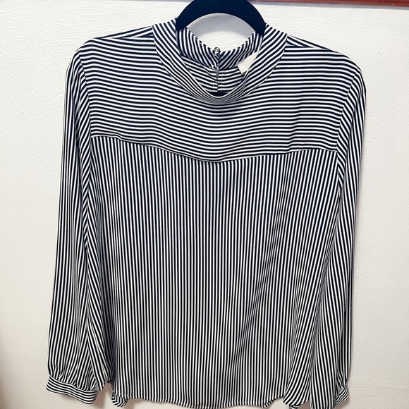 LOFT Tops - LOFT Navy Striped High Neck Long Sleeve Blouse